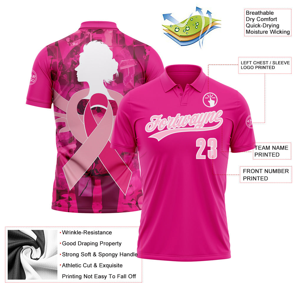 Custom Pink Light Pink-White 3D Pink Ribbon Breast Cancer Awareness Month Women Health Care Support Performance Polo Shirt view 3