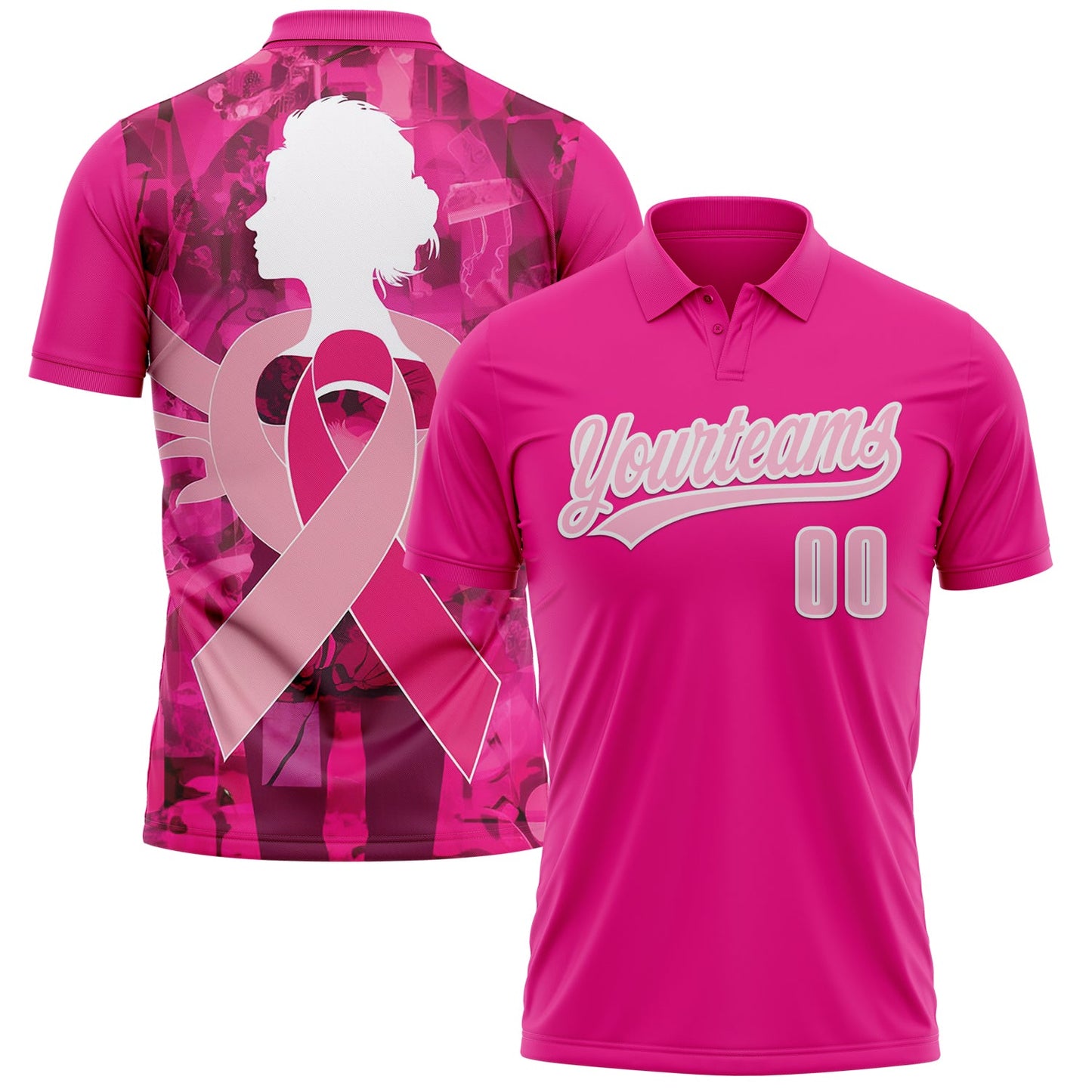 Custom Pink Light Pink-White 3D Pink Ribbon Breast Cancer Awareness Month Women Health Care Support Performance Polo Shirt - Main View