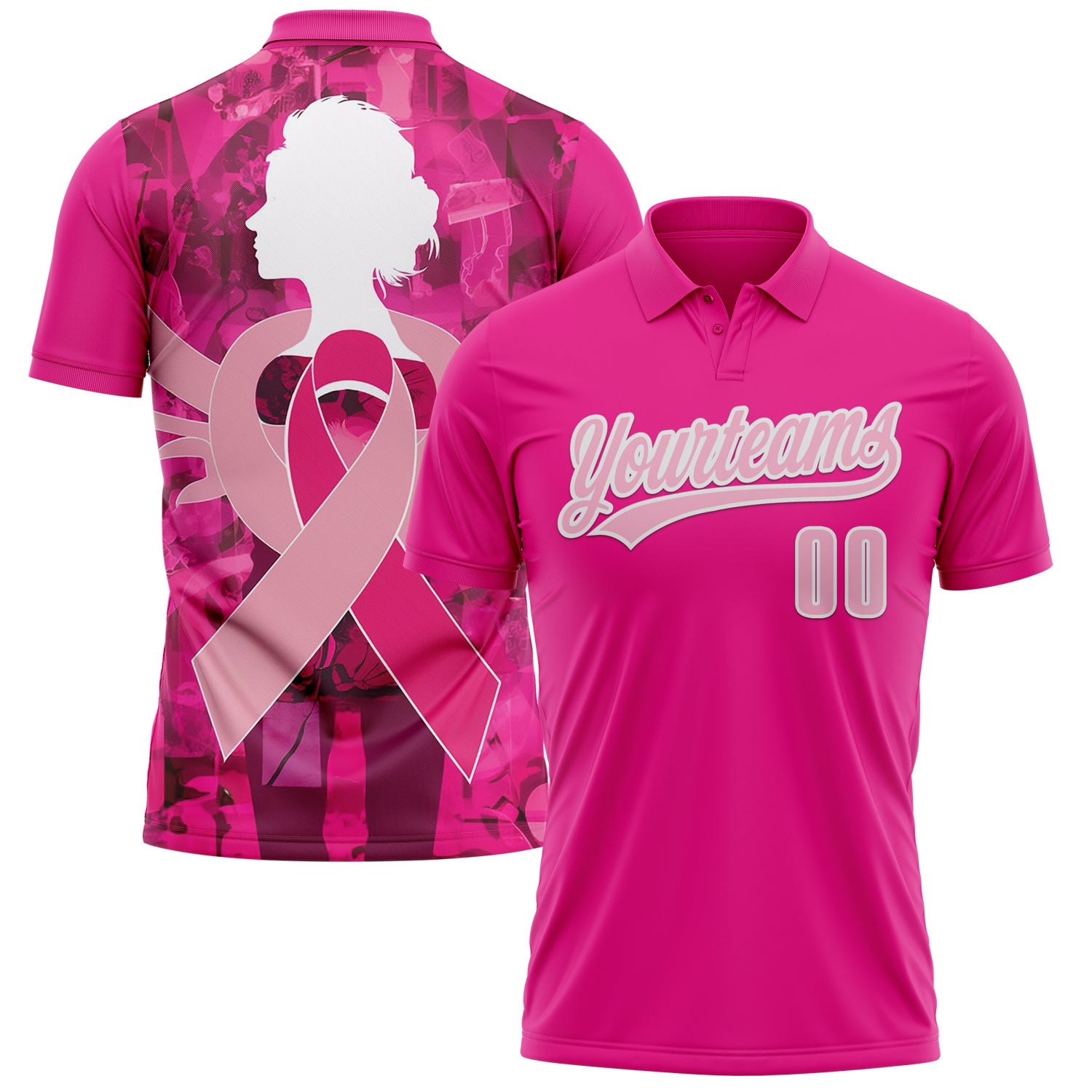 Custom Pink Light Pink-White 3D Pink Ribbon Breast Cancer Awareness Month Women Health Care Support Performance Polo Shirt - Main View