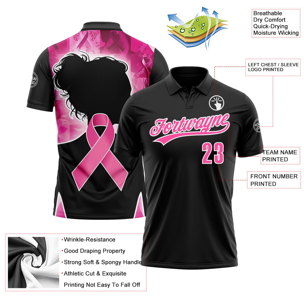 Custom Black Pink-White 3D Pink Ribbon Breast Cancer Awareness Month Women Health Care Support Performance Polo Shirt view 3