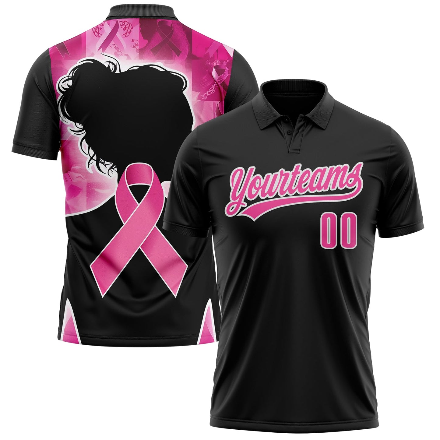 Custom Black Pink-White 3D Pink Ribbon Breast Cancer Awareness Month Women Health Care Support Performance Polo Shirt - Main View