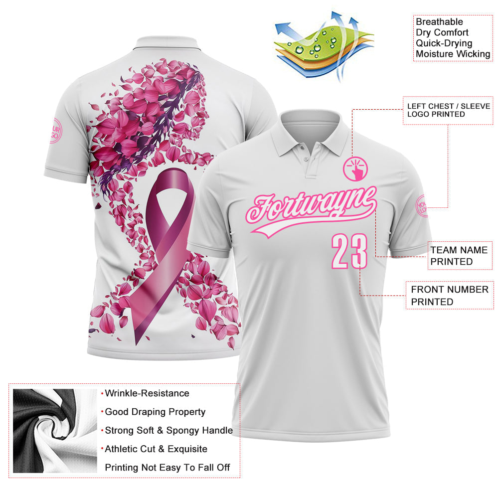Custom White Pink 3D Pink Ribbon Breast Cancer Awareness Month Women Health Care Support Performance Polo Shirt view 3