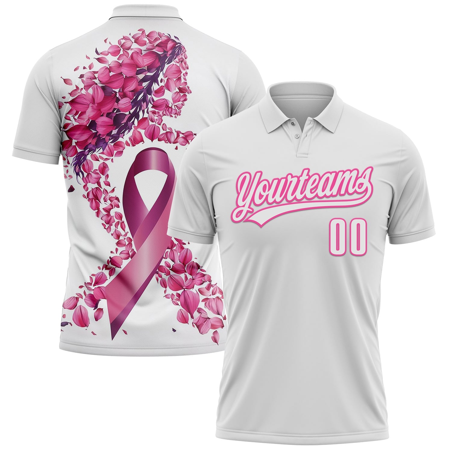 Custom White Pink 3D Pink Ribbon Breast Cancer Awareness Month Women Health Care Support Performance Polo Shirt - Main View