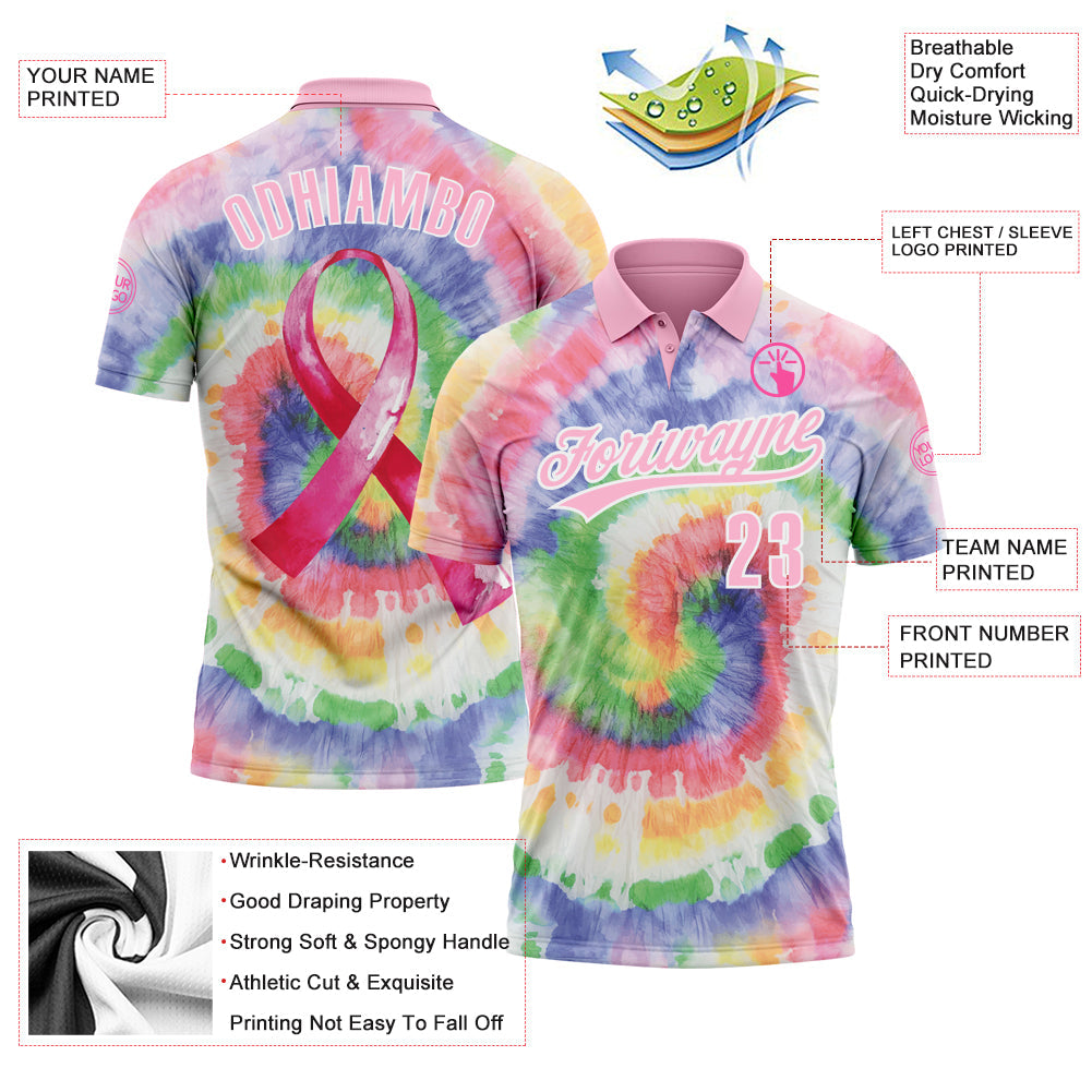 Custom Tie Dye Light Pink-White 3D Pink Ribbon Breast Cancer Awareness Month Women Health Care Support Performance Polo Shirt view 3