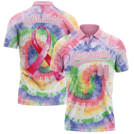 Custom Tie Dye Light Pink-White 3D Pink Ribbon Breast Cancer Awareness Month Women Health Care Support Performance Polo Shirt - Main View