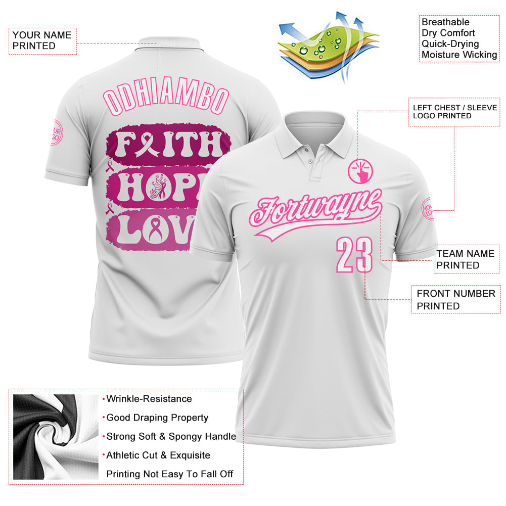 Custom White Pink 3D Pink Ribbon Breast Cancer Awareness Month Women Health Care Support Performance Polo Shirt view 3