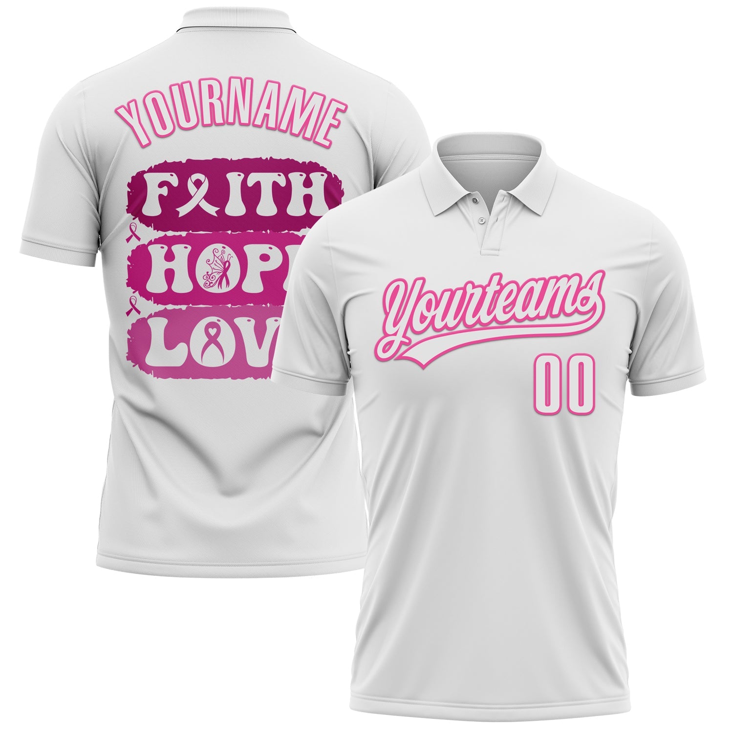 Custom White Pink 3D Pink Ribbon Breast Cancer Awareness Month Women Health Care Support Performance Polo Shirt - Main View