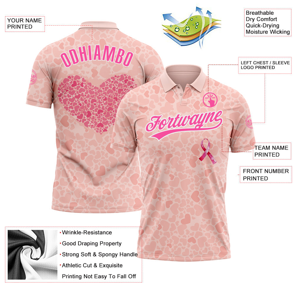 Custom Medium Pink Pink-White 3D Pink Ribbon Breast Cancer Awareness Month Women Health Care Support Performance Polo Shirt view 3