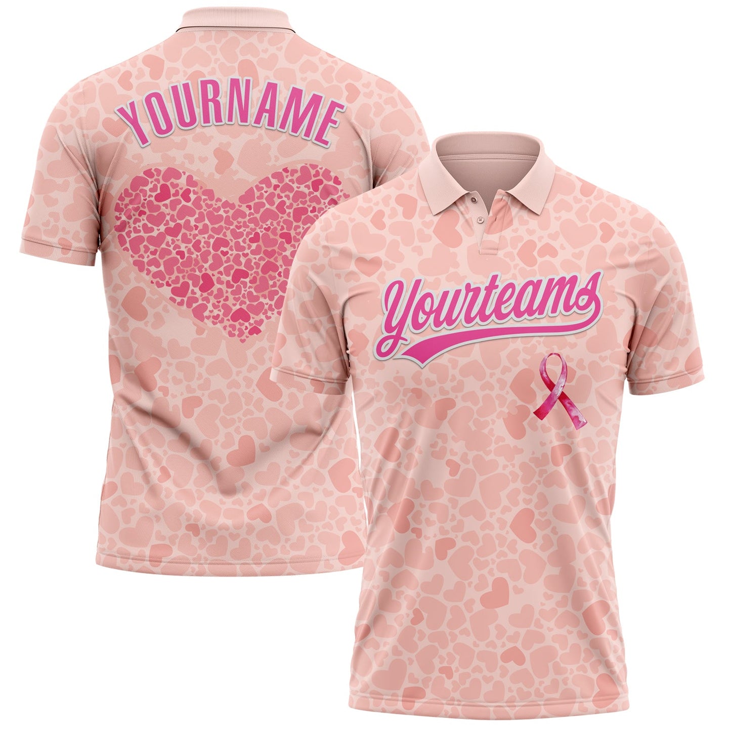 Custom Medium Pink Pink-White 3D Pink Ribbon Breast Cancer Awareness Month Women Health Care Support Performance Polo Shirt - Main View