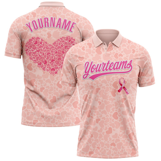 Custom Medium Pink Pink-White 3D Pink Ribbon Breast Cancer Awareness Month Women Health Care Support Performance Polo Shirt - Main View