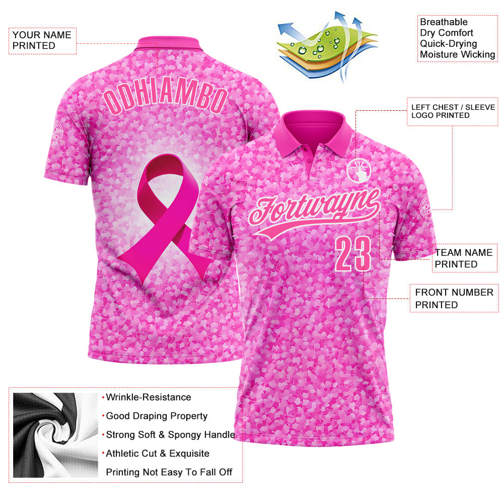 Custom Deep Pink Pink-White 3D Pink Ribbon Breast Cancer Awareness Month Women Health Care Support Performance Polo Shirt view 3