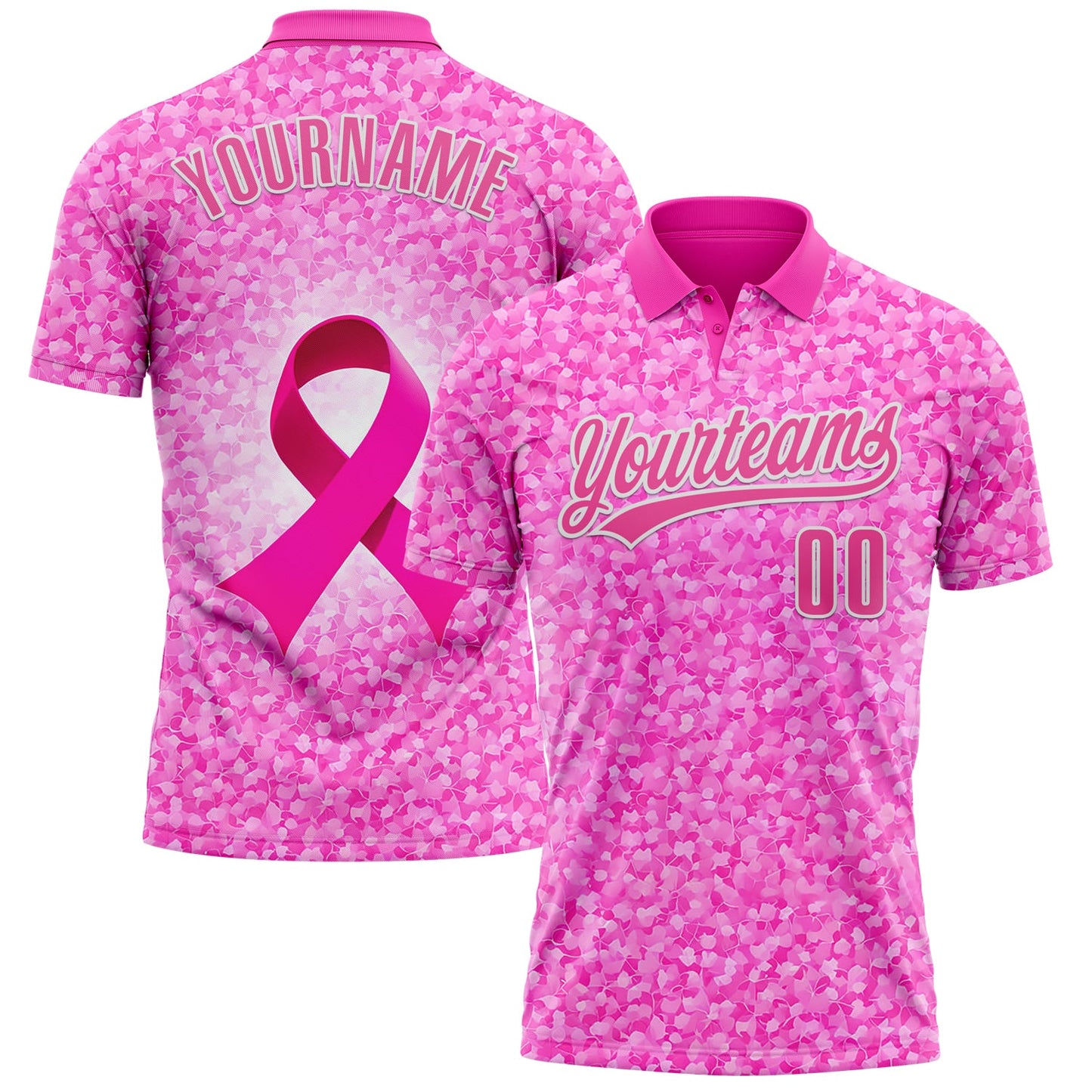Custom Deep Pink Pink-White 3D Pink Ribbon Breast Cancer Awareness Month Women Health Care Support Performance Polo Shirt - Main View