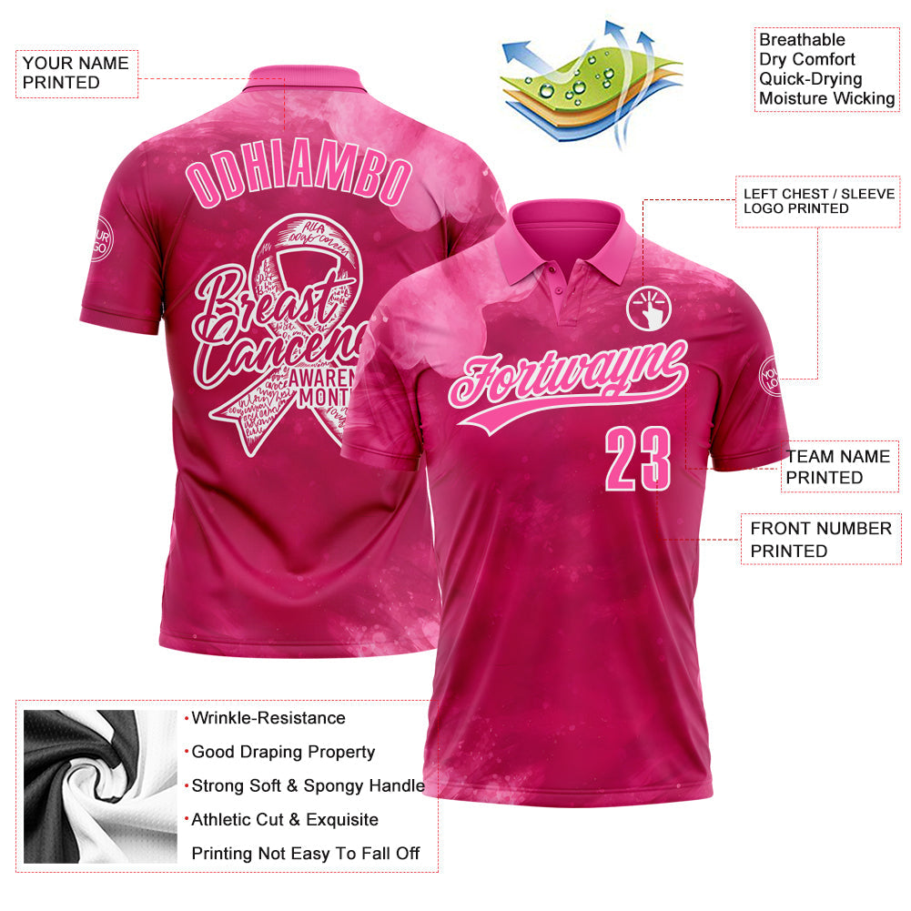Custom Hot Pink Pink-White 3D Pink Ribbon Breast Cancer Awareness Month Women Health Care Support Performance Polo Shirt view 3