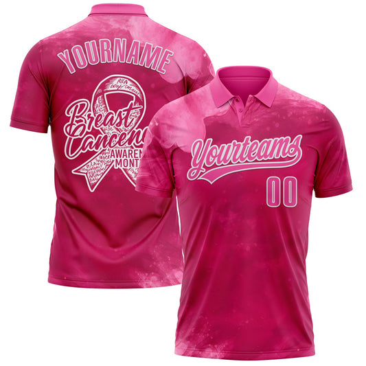 Custom Hot Pink Pink-White 3D Pink Ribbon Breast Cancer Awareness Month Women Health Care Support Performance Polo Shirt - Main View