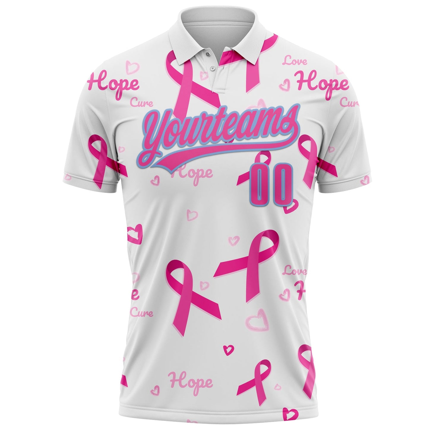 Custom White Pink-Light Blue 3D Pink Ribbon Breast Cancer Awareness Month Women Health Care Support Performance Polo Shirt view 2
