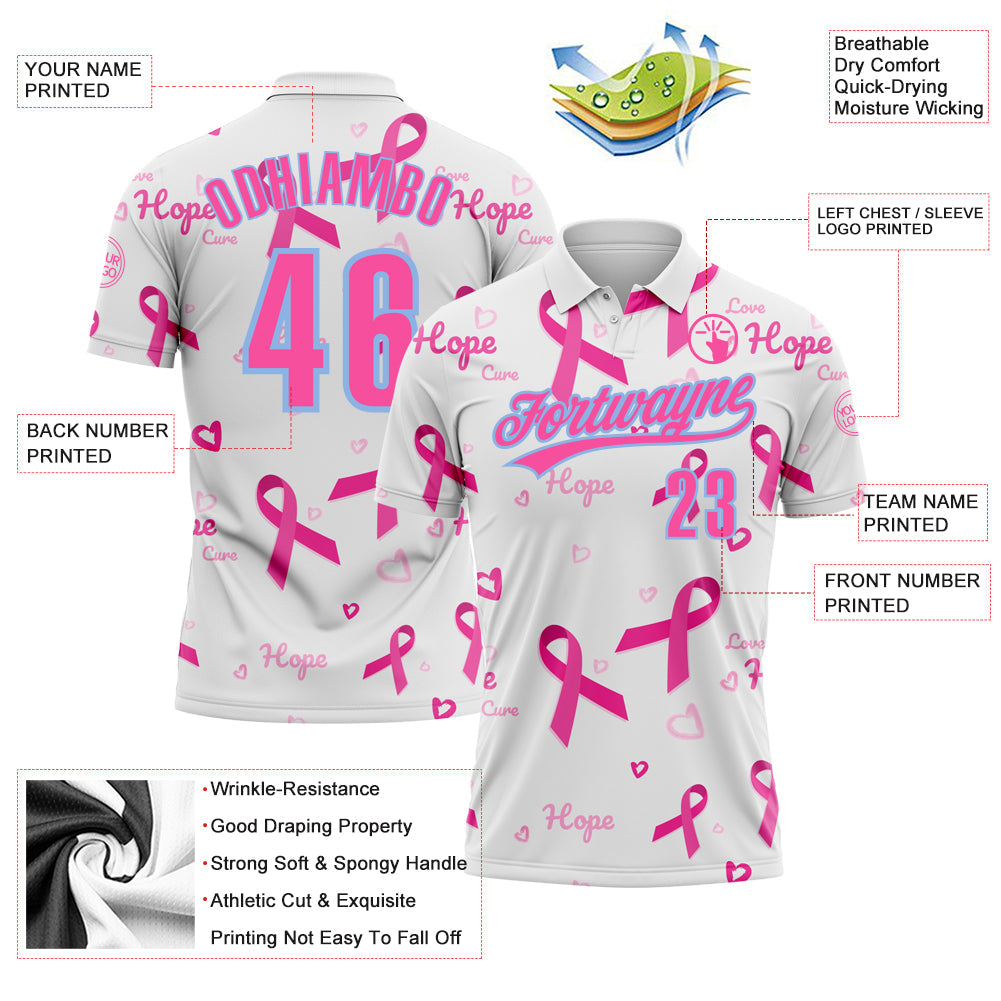 Custom White Pink-Light Blue 3D Pink Ribbon Breast Cancer Awareness Month Women Health Care Support Performance Polo Shirt view 3