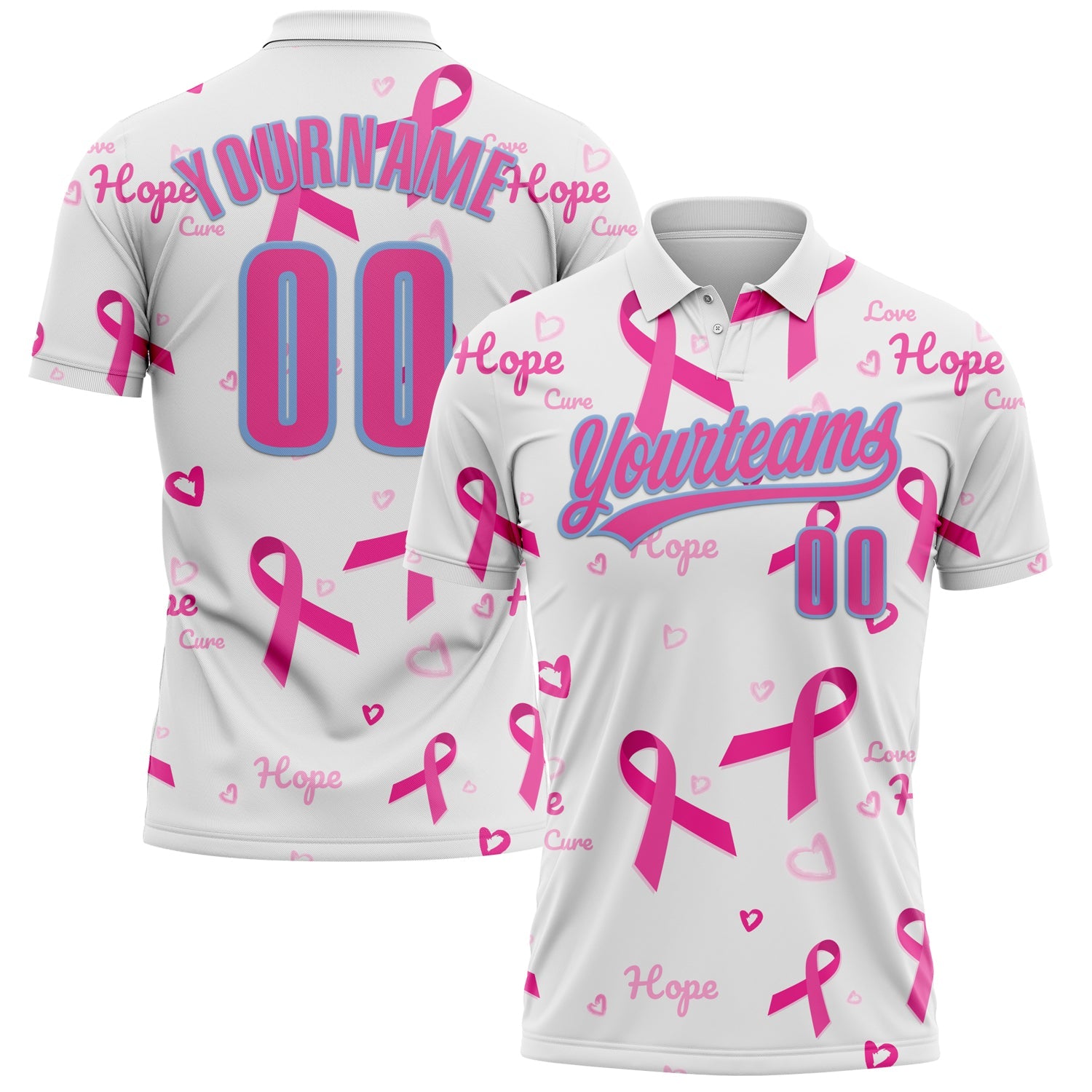 Custom White Pink-Light Blue 3D Pink Ribbon Breast Cancer Awareness Month Women Health Care Support Performance Polo Shirt - Main View