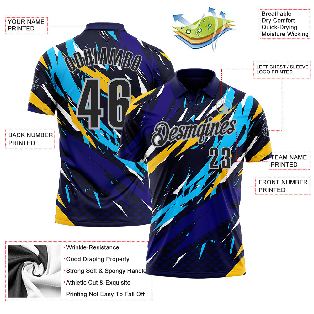 Custom Navy Black-Gray 3D Bowling Performance Polo Shirt view 3