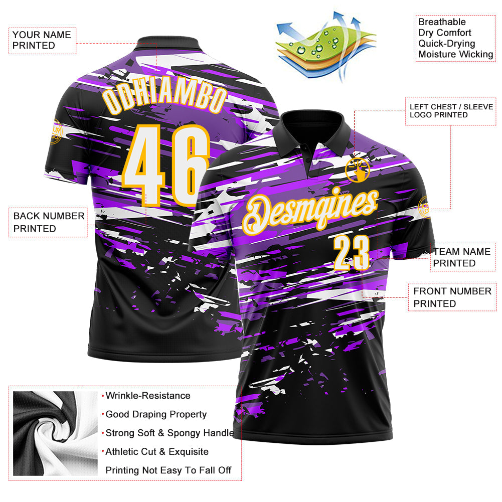 Custom Black White-Gold 3D Bowling Performance Polo Shirt view 3