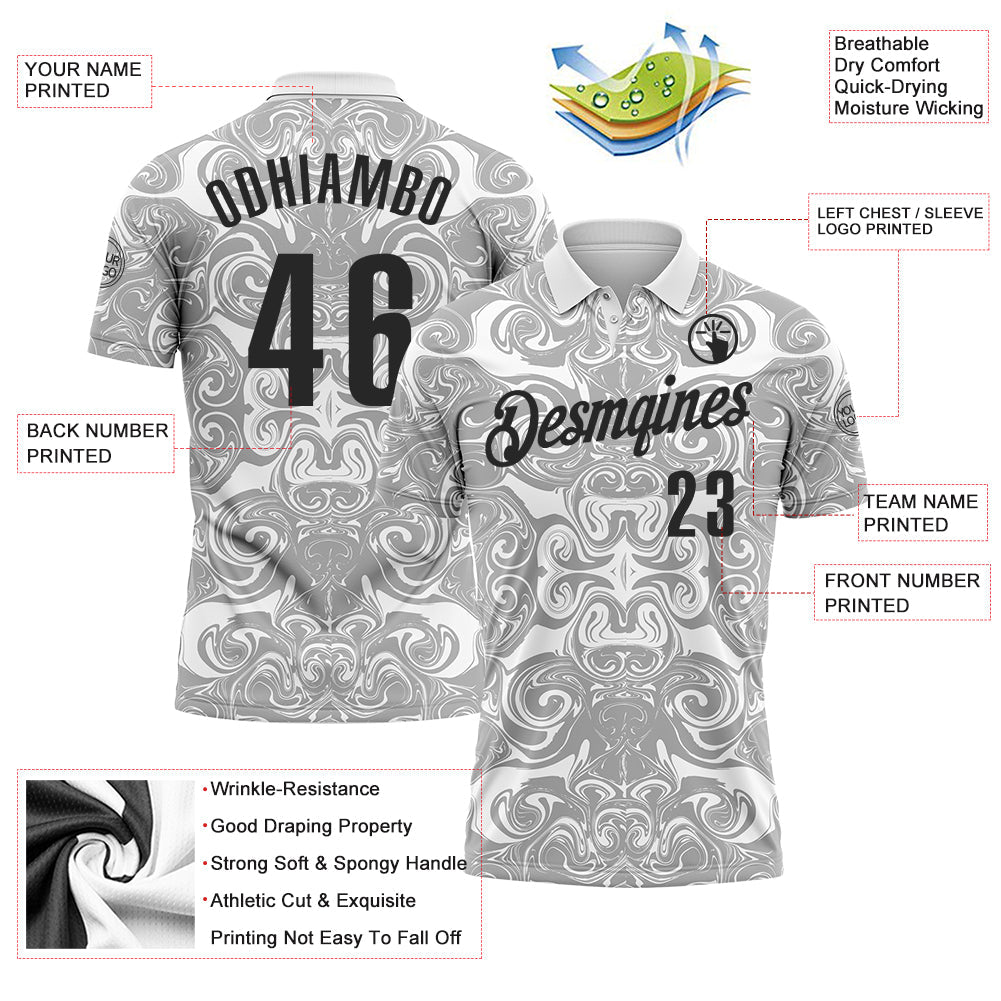 Custom White Black-Steel Gray 3D Bowling Abstract Liquid Performance Polo Shirt view 3