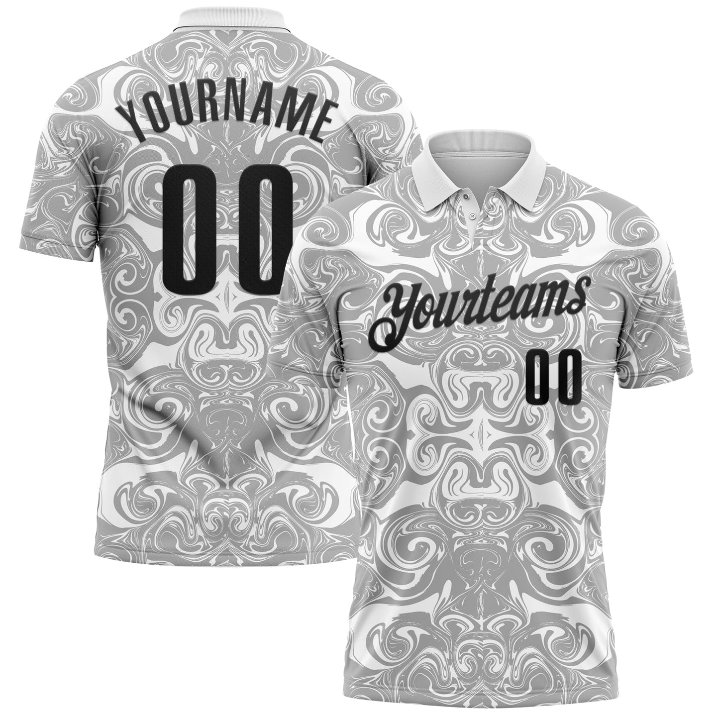 Custom White Black-Steel Gray 3D Bowling Abstract Liquid Performance Polo Shirt - Main View