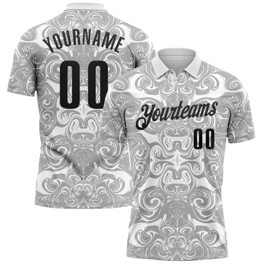 Custom White Black-Steel Gray 3D Bowling Abstract Liquid Performance Polo Shirt - Main View