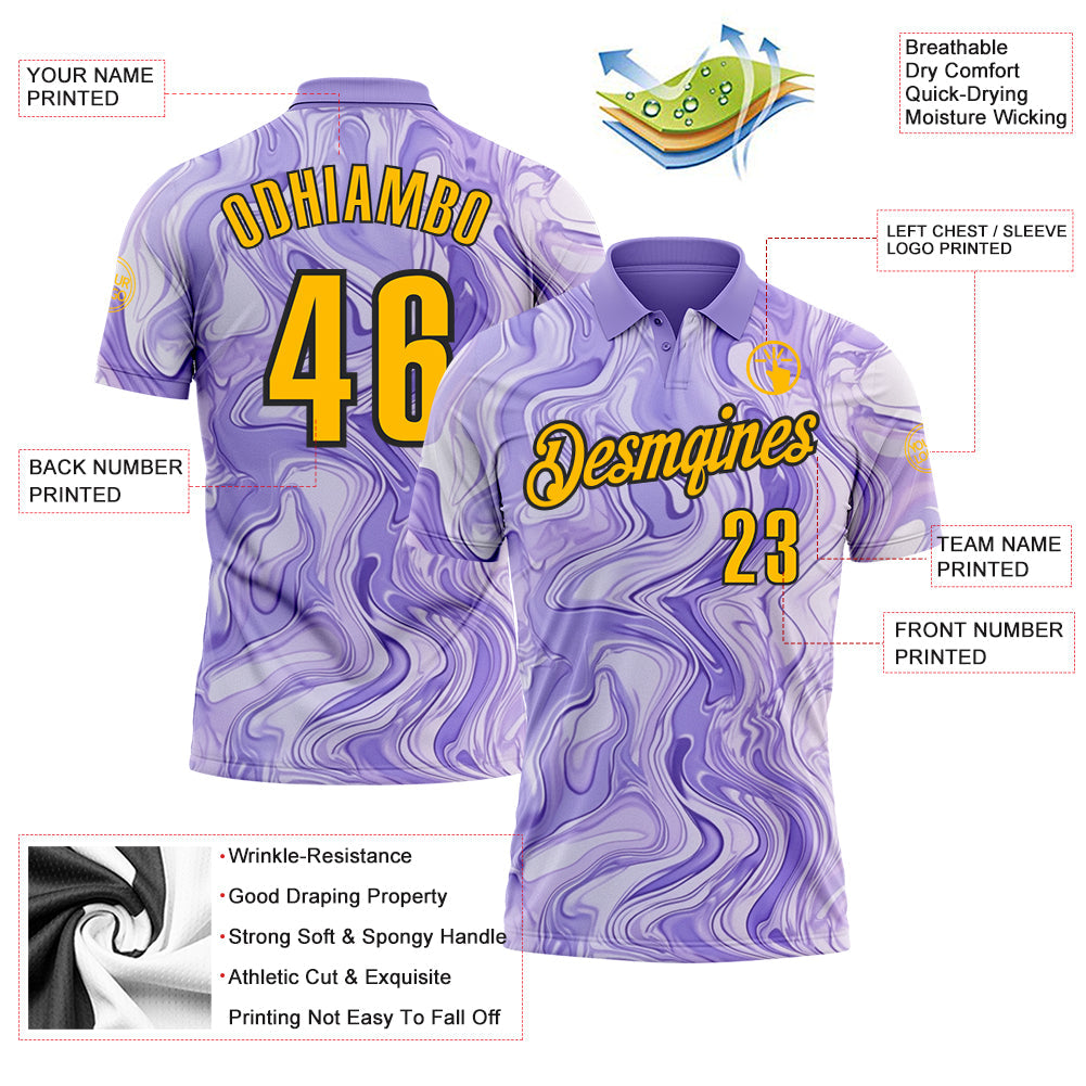 Custom Purple Gold-Black 3D Bowling Abstract Liquid Performance Polo Shirt view 3