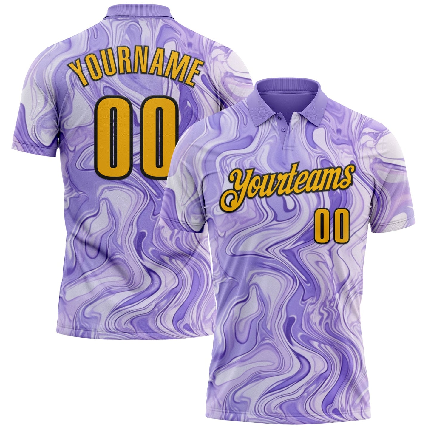 Custom Purple Gold-Black 3D Bowling Abstract Liquid Performance Polo Shirt - Main View