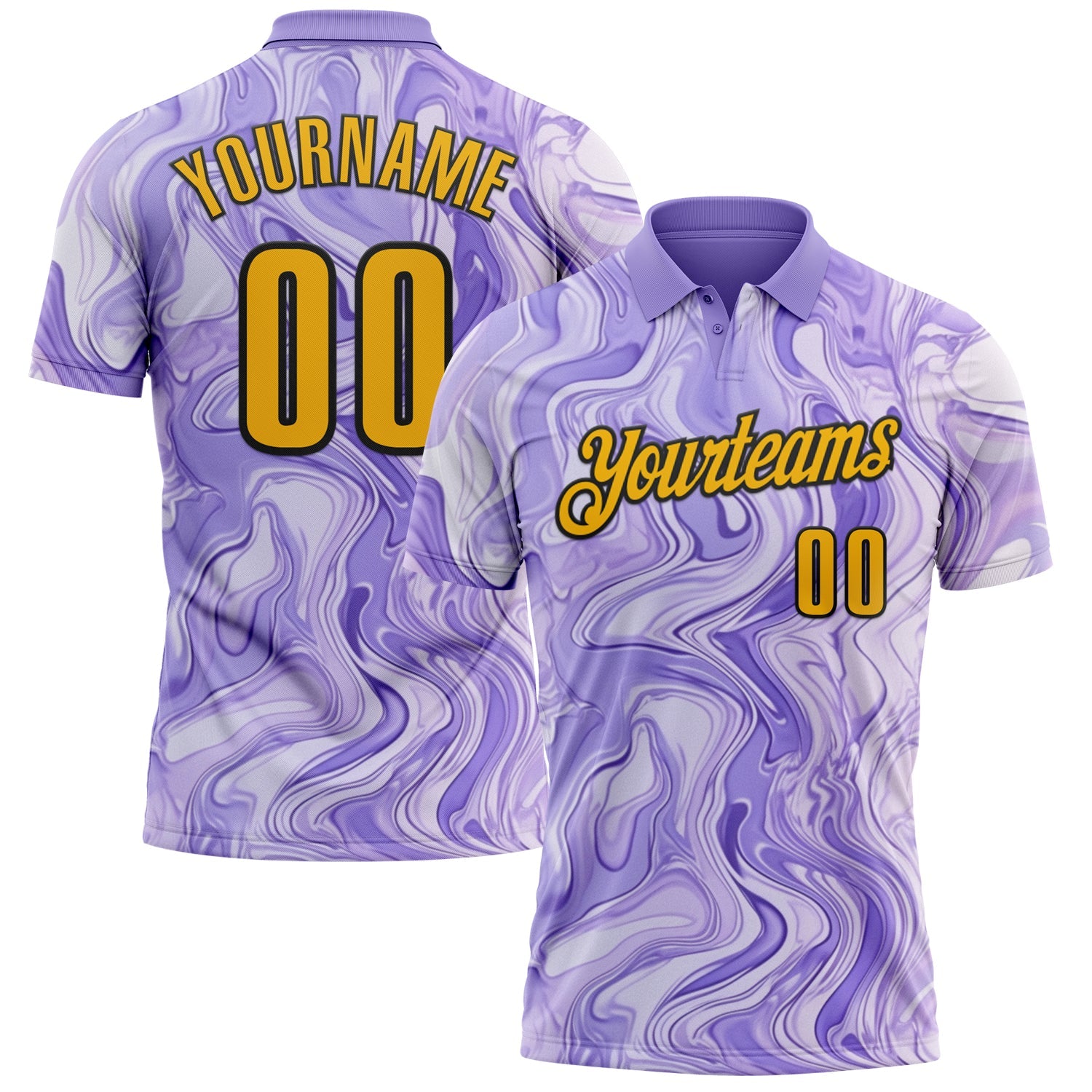 Custom Purple Gold-Black 3D Bowling Abstract Liquid Performance Polo Shirt - Main View