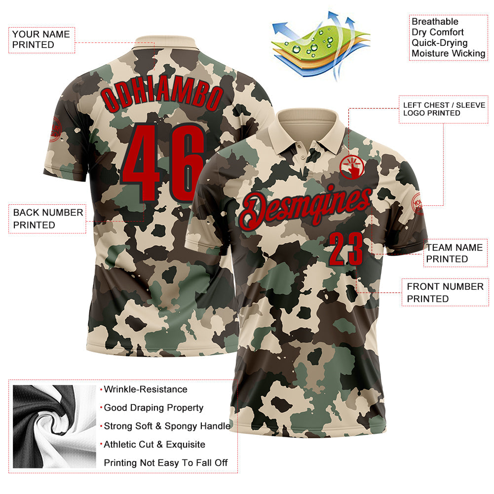 Custom Camo Red-Black 3D Bowling Performance Salute To Service Polo Shirt view 3