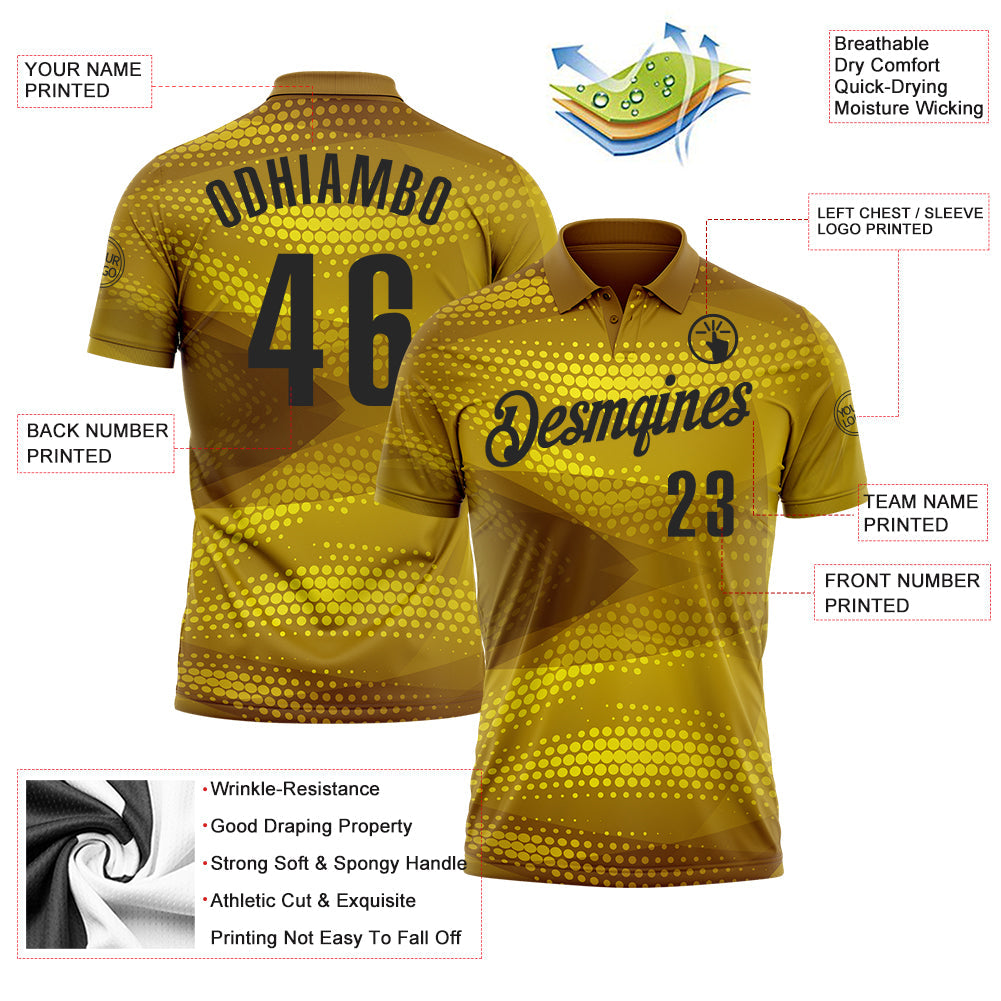 Custom Old Gold Black 3D Bowling Abstract Halftone Performance Polo Shirt view 3