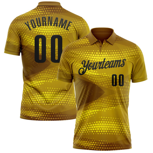 Custom Old Gold Black 3D Bowling Abstract Halftone Performance Polo Shirt - Main View
