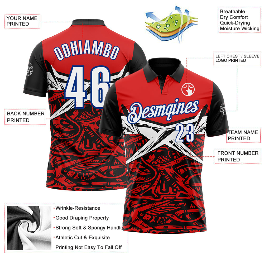 Custom Red Royal-Black 3D Bowling Performance Polo Shirt view 3