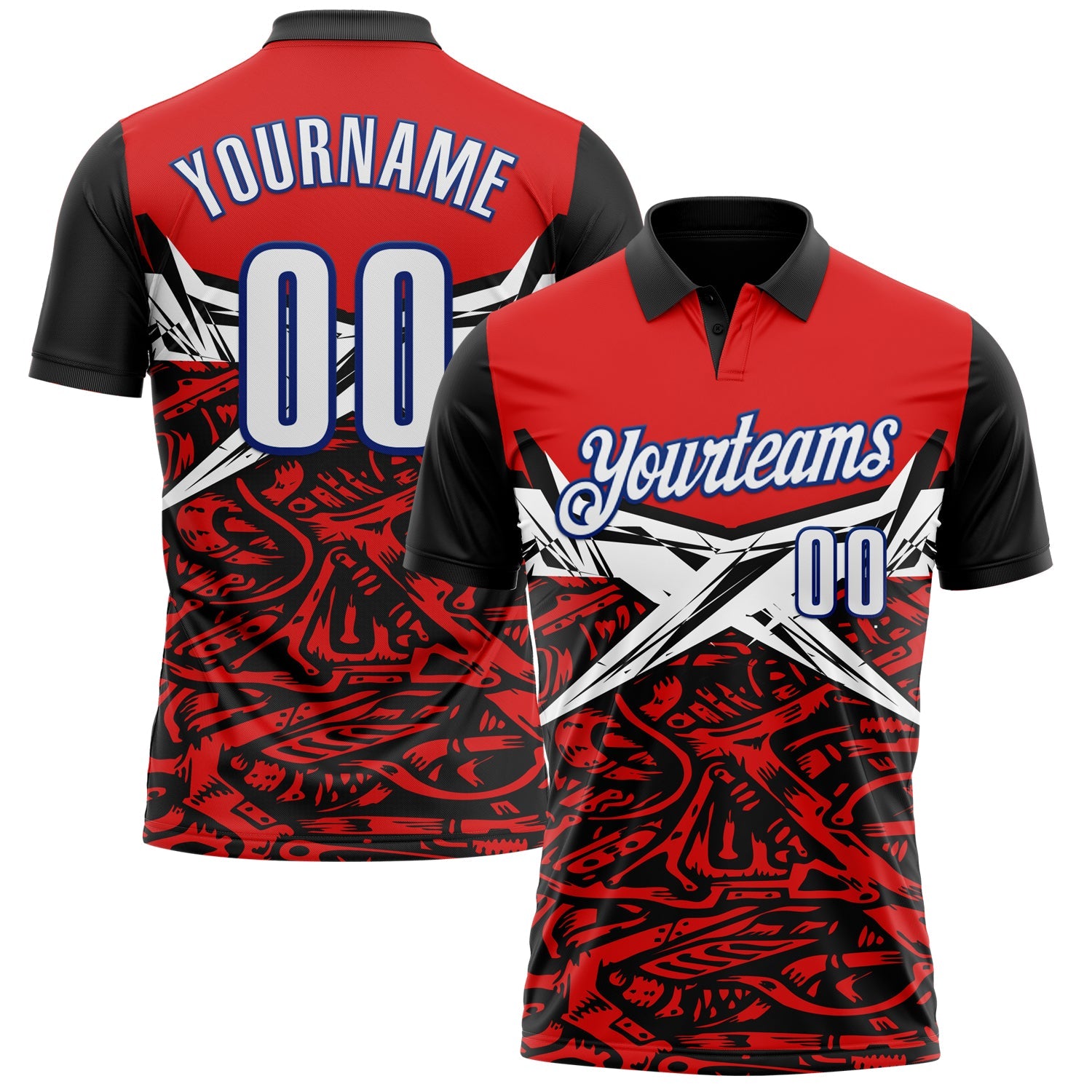 Custom Red Royal-Black 3D Bowling Performance Polo Shirt - Main View