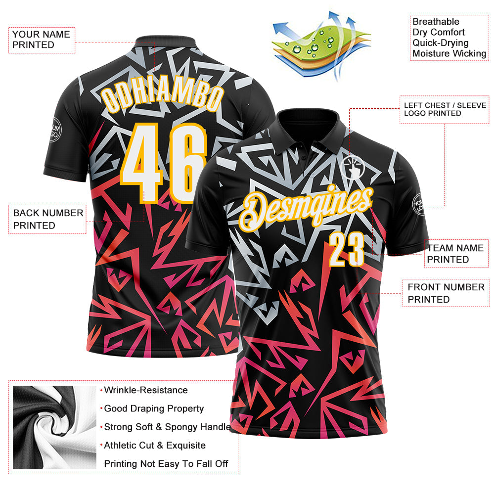 Custom Black White-Gold 3D Bowling Performance Polo Shirt view 3