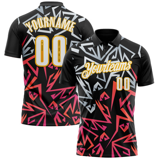Custom Black White-Gold 3D Bowling Performance Polo Shirt - Main View