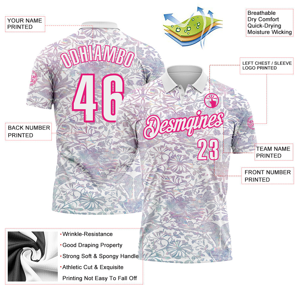 Custom White Hot Pink 3D Bowling Vintage Floral Performance Polo Shirt view 3