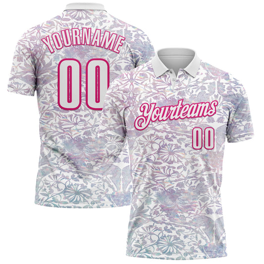 Custom White Hot Pink 3D Bowling Vintage Floral Performance Polo Shirt - Main View