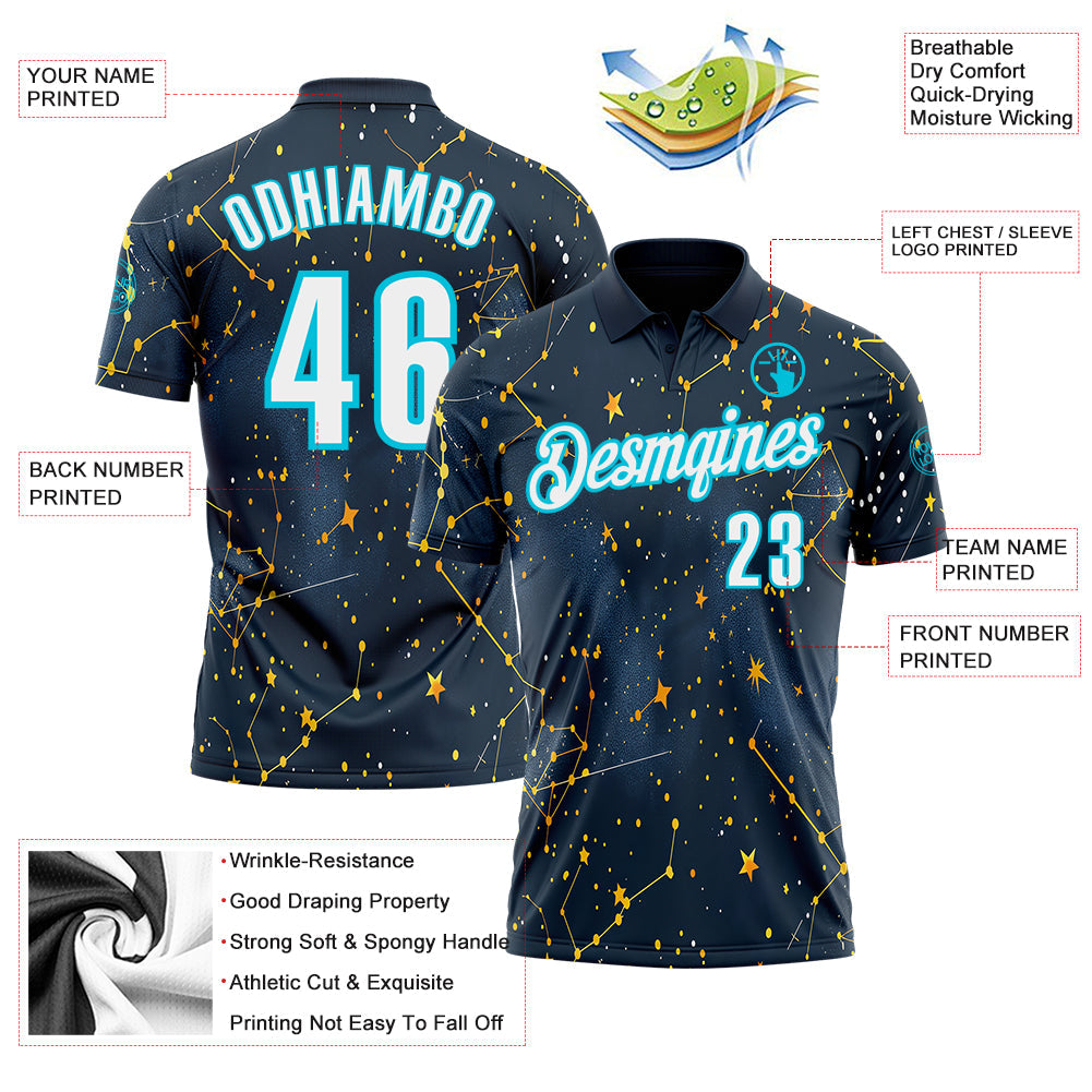 Custom Navy White-Lakes Blue 3D Bowling Star Performance Polo Shirt view 3