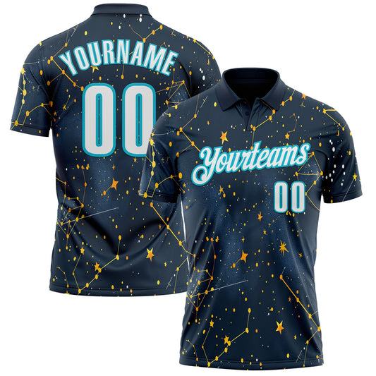 Custom Navy White-Lakes Blue 3D Bowling Star Performance Polo Shirt - Main View