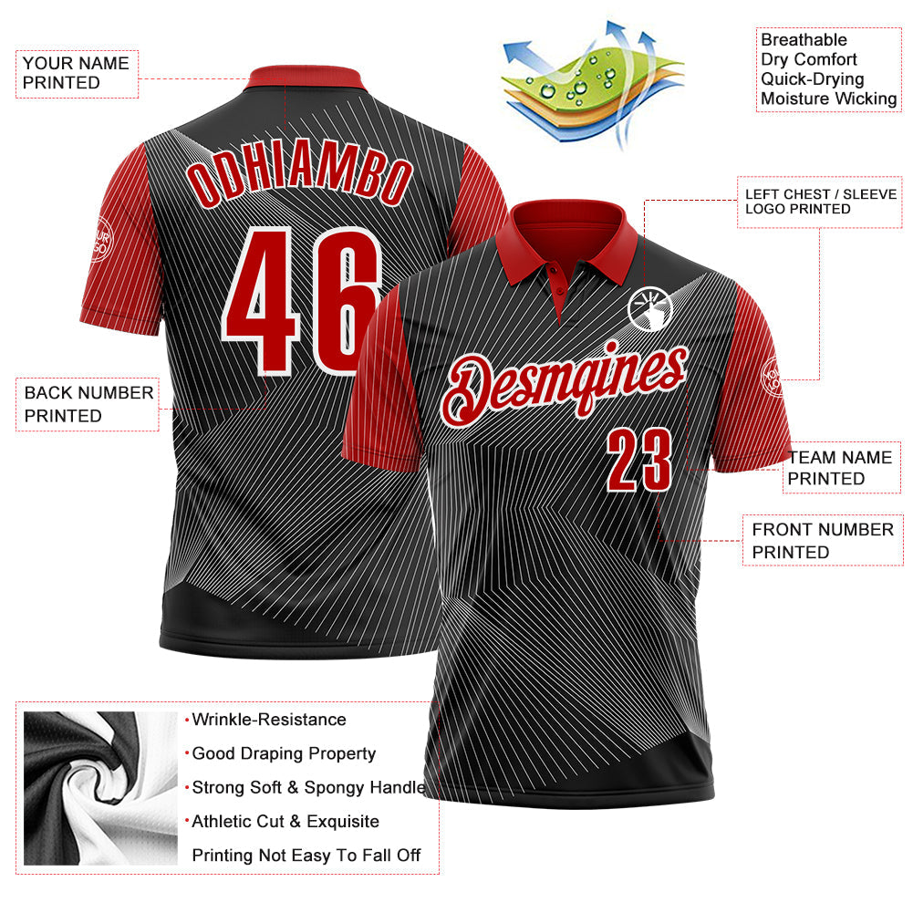 Custom Black Red-White 3D Bowling Line Performance Polo Shirt view 3