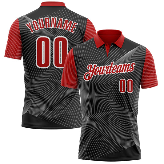 Custom Black Red-White 3D Bowling Line Performance Polo Shirt - Main View