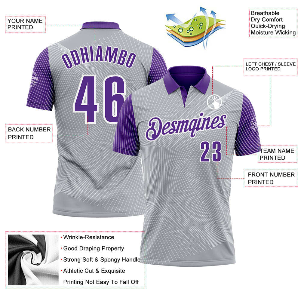 Custom Gray Purple-White 3D Bowling Line Performance Polo Shirt view 3