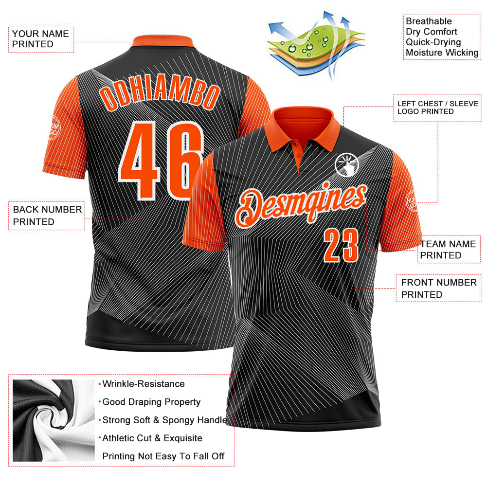 Custom Black Orange-White 3D Bowling Line Performance Polo Shirt view 3