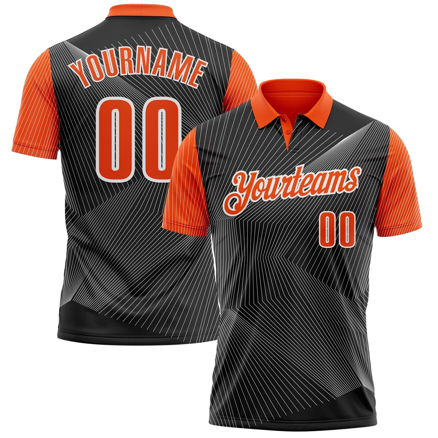 Custom Black Orange-White 3D Bowling Line Performance Polo Shirt - Main View