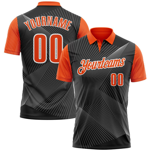 Custom Black Orange-White 3D Bowling Line Performance Polo Shirt - Main View