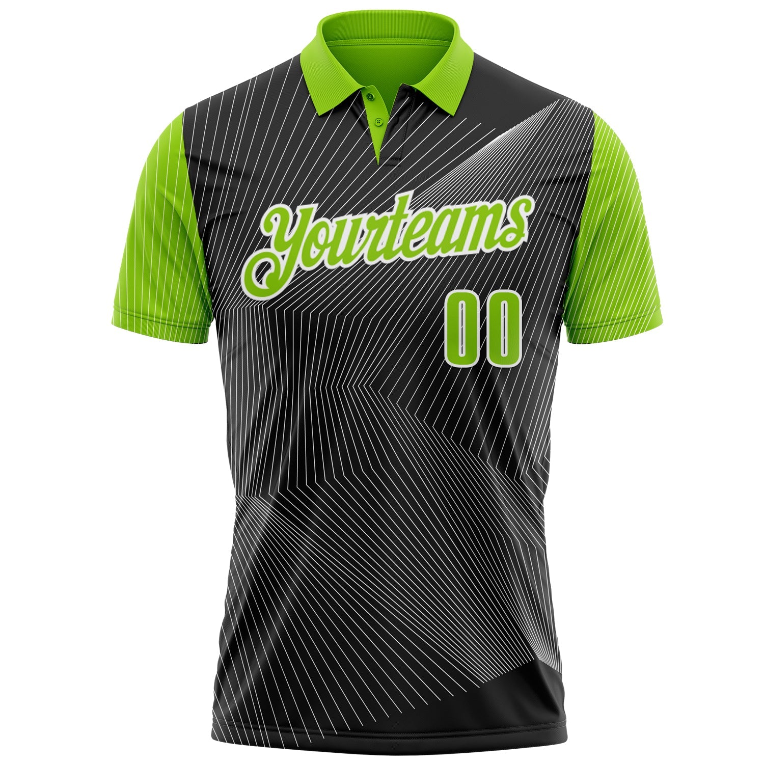 Custom Black Neon Green-White 3D Bowling Line Performance Polo Shirt view 2