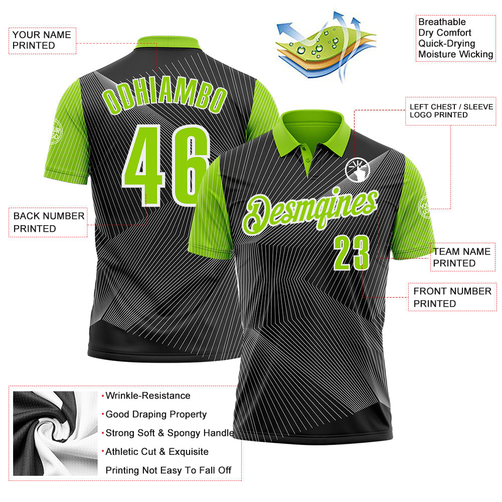 Custom Black Neon Green-White 3D Bowling Line Performance Polo Shirt view 3