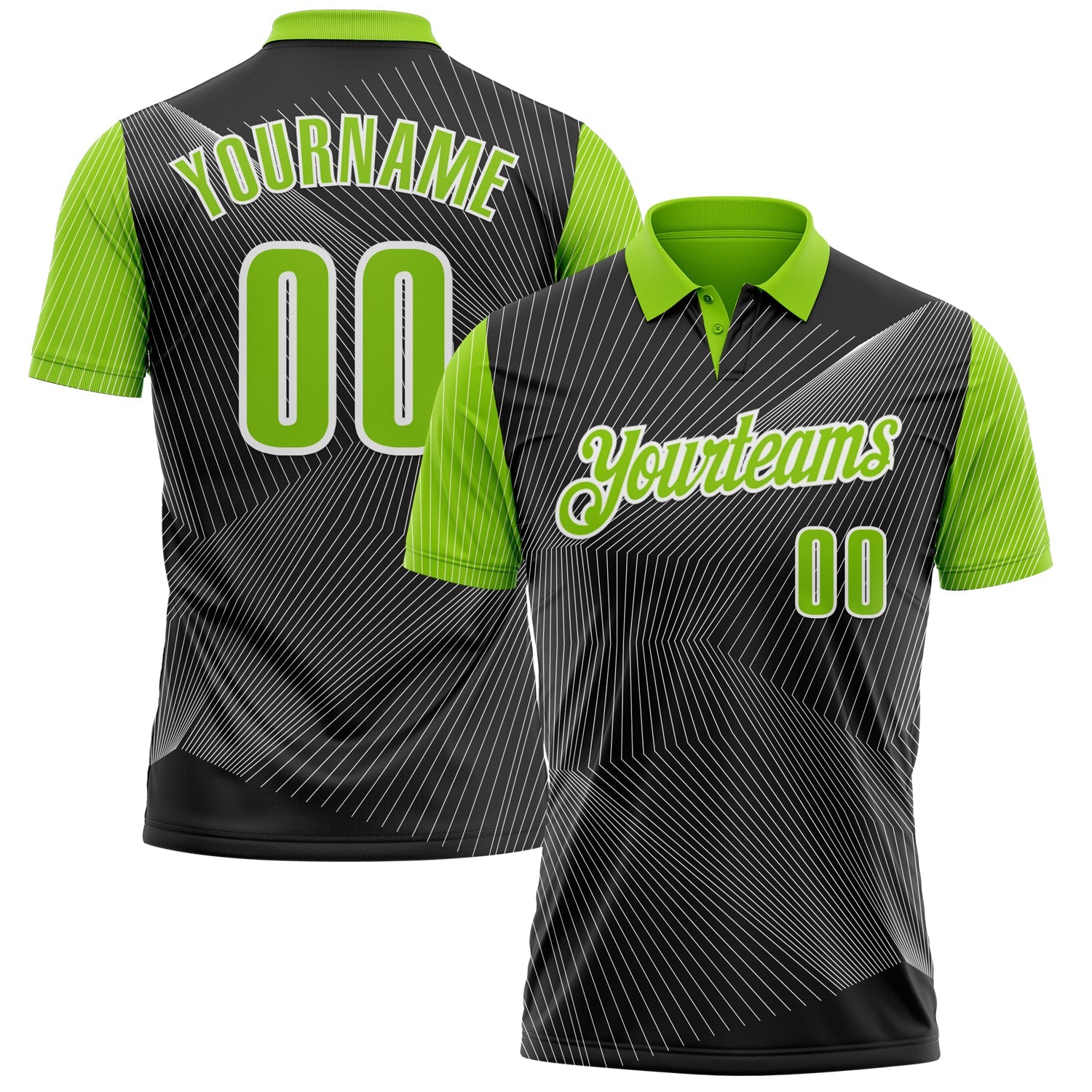 Custom Black Neon Green-White 3D Bowling Line Performance Polo Shirt - Main View