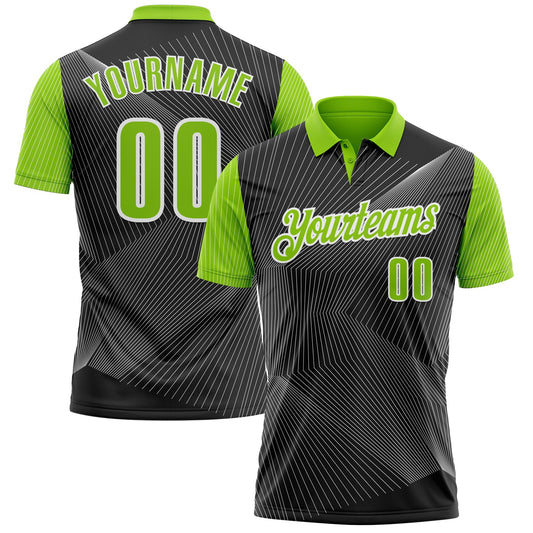 Custom Black Neon Green-White 3D Bowling Line Performance Polo Shirt - Main View